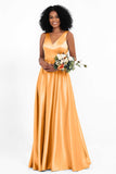 A Line Satin V Neckline Bridesmaid Dress Ruched Formal Evening Prom Dresses Gowns