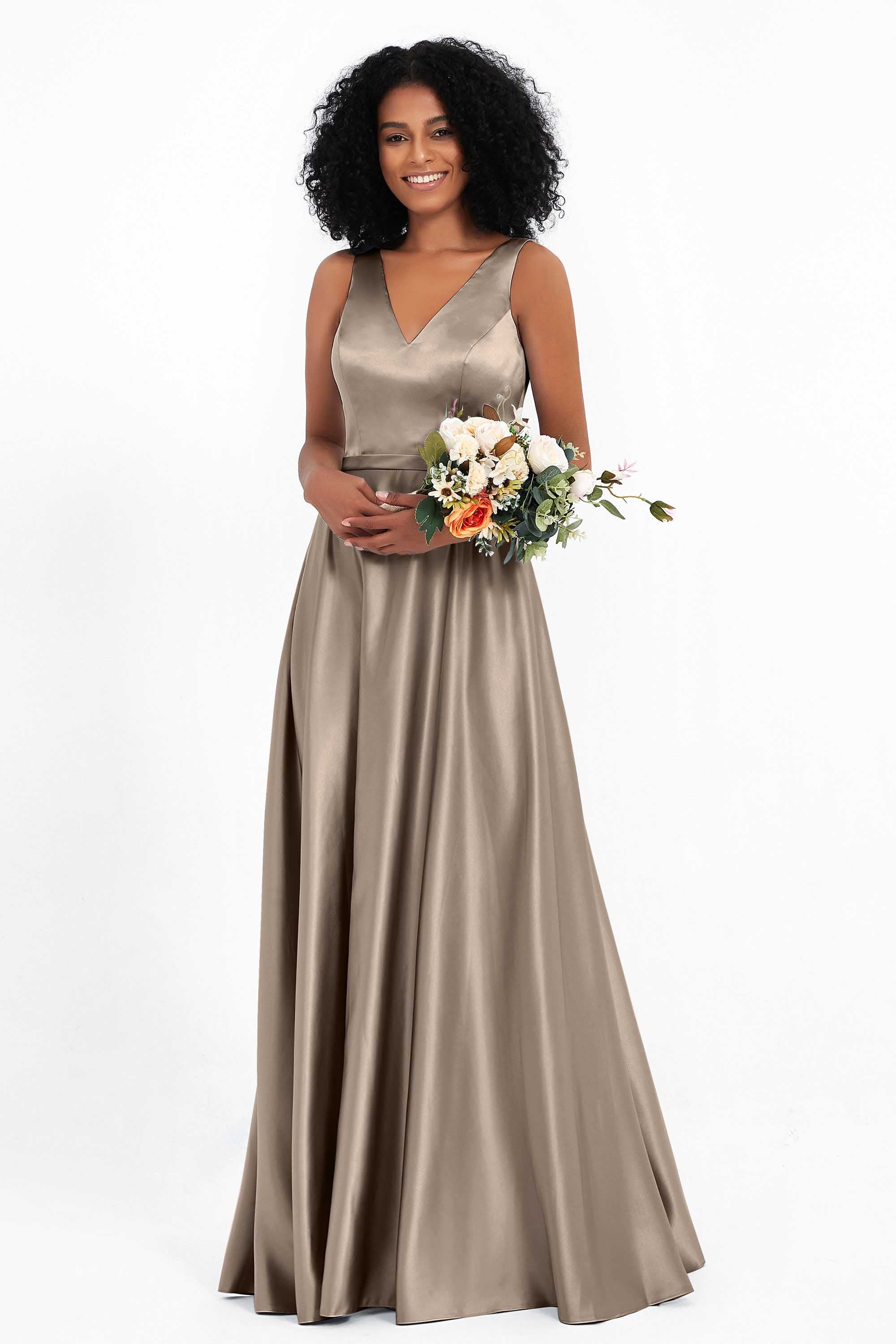 A Line Satin V Neckline Bridesmaid Dress Ruched Formal Evening Prom Dresses Gowns