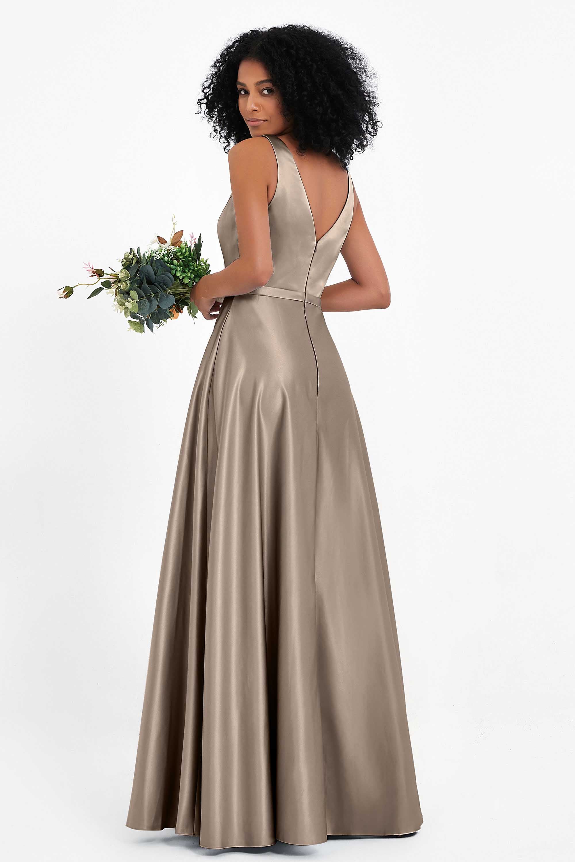 A Line Satin V Neckline Bridesmaid Dress Ruched Formal Evening Prom Dresses Gowns