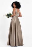 A Line Satin V Neckline Bridesmaid Dress Ruched Formal Evening Prom Dresses Gowns