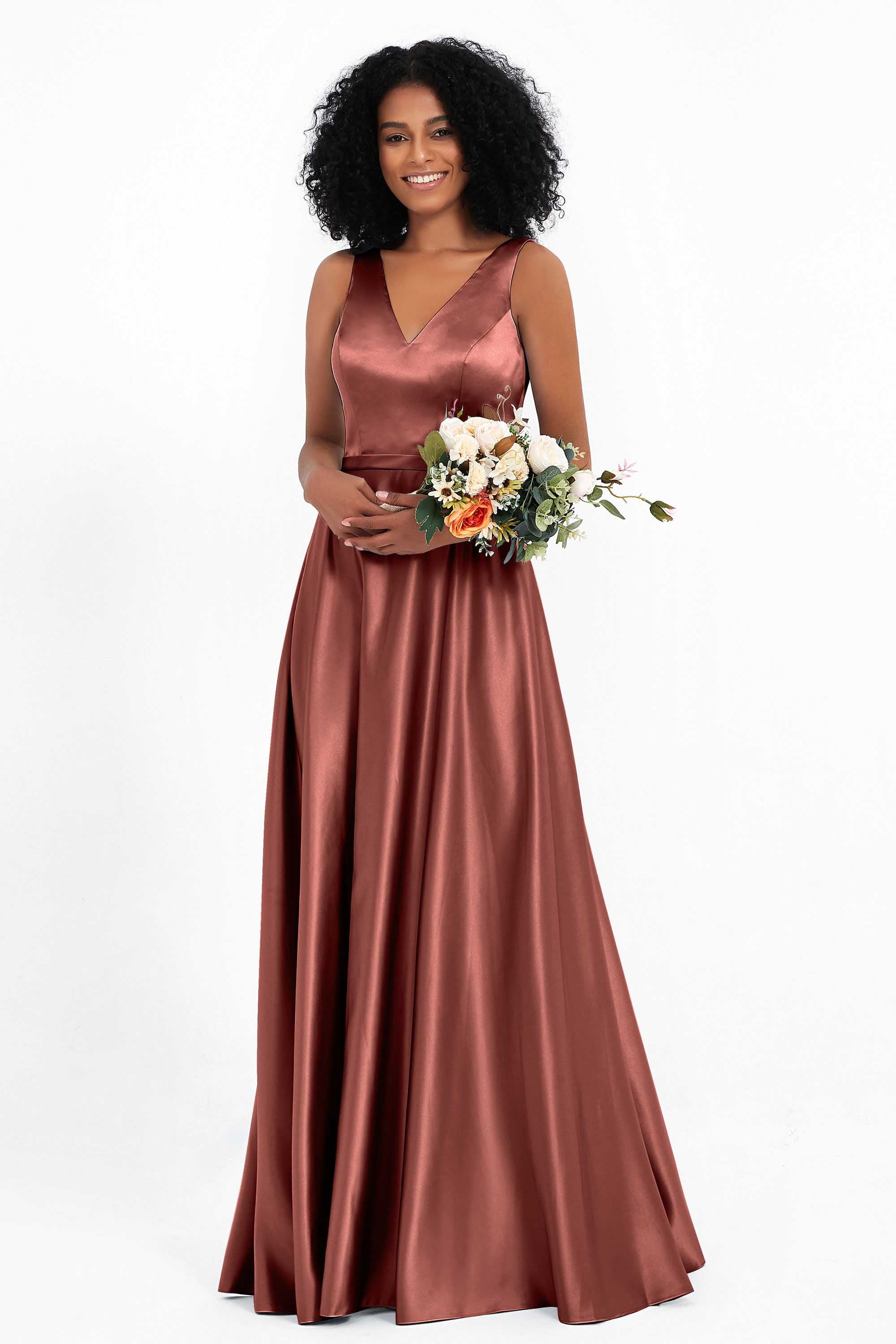 A Line Satin V Neckline Bridesmaid Dress Ruched Formal Evening Prom Dresses Gowns