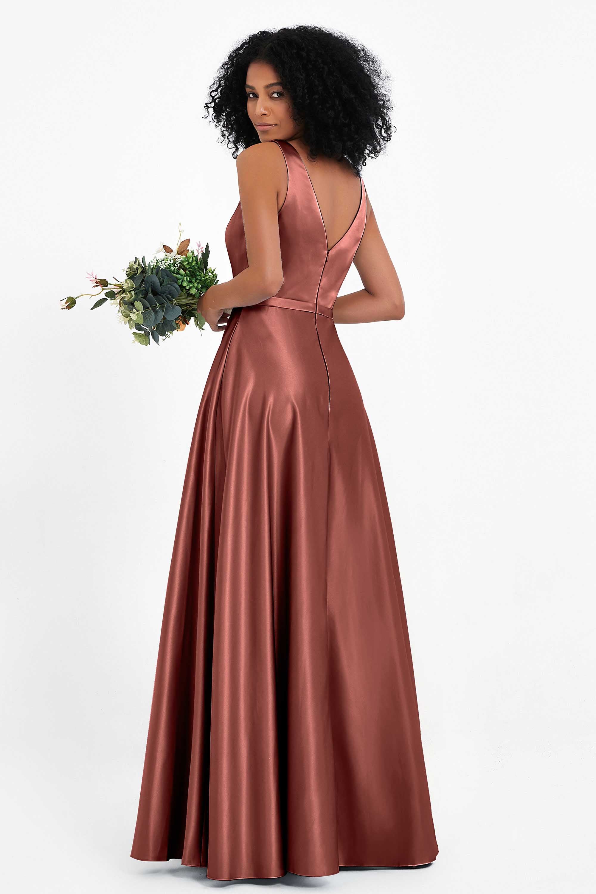 A Line Satin V Neckline Bridesmaid Dress Ruched Formal Evening Prom Dresses Gowns