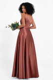 A Line Satin V Neckline Bridesmaid Dress Ruched Formal Evening Prom Dresses Gowns
