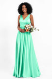 A Line Satin V Neckline Bridesmaid Dress Ruched Formal Evening Prom Dresses Gowns