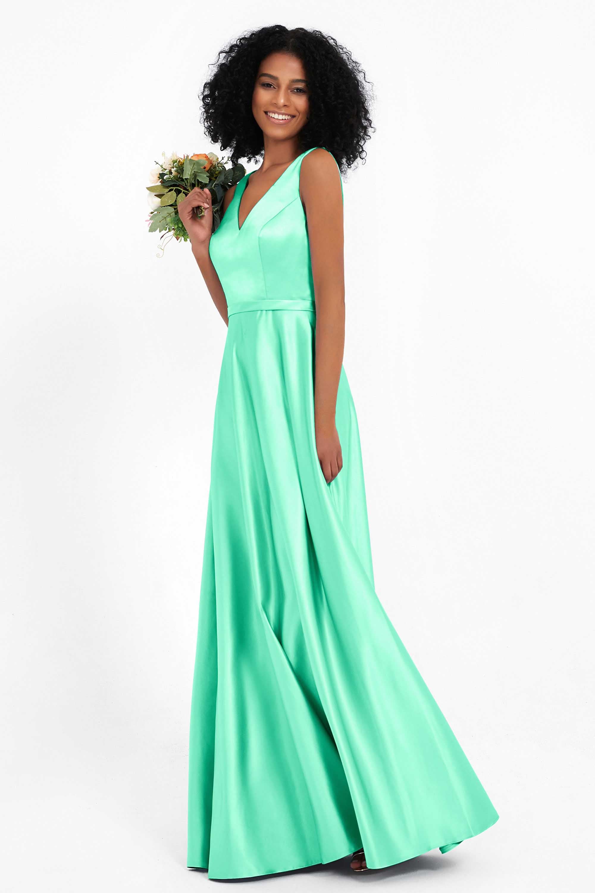 A Line Satin V Neckline Bridesmaid Dress Ruched Formal Evening Prom Dresses Gowns