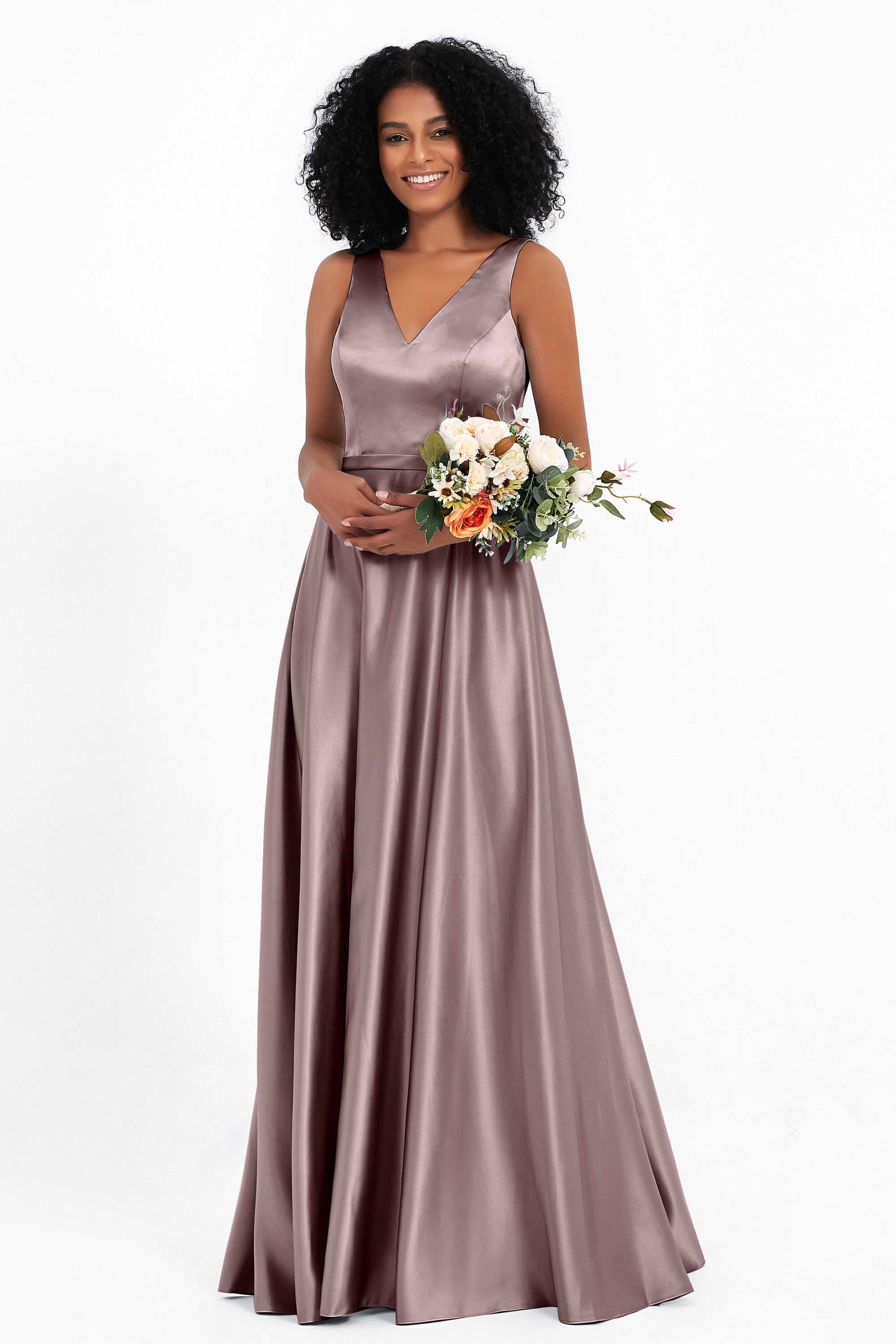 A Line Satin V Neckline Bridesmaid Dress Ruched Formal Evening Prom Dresses Gowns