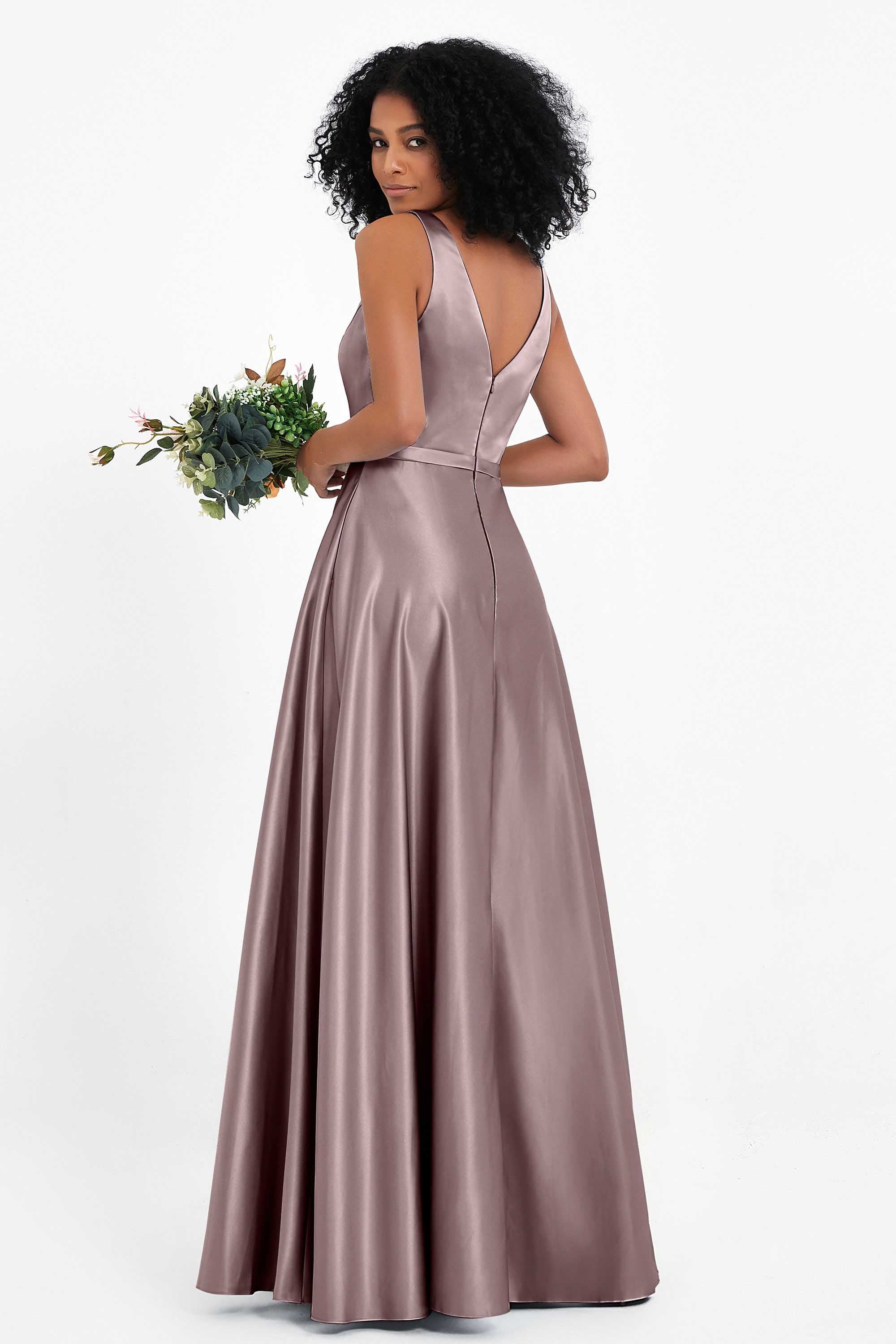 A Line Satin V Neckline Bridesmaid Dress Ruched Formal Evening Prom Dresses Gowns