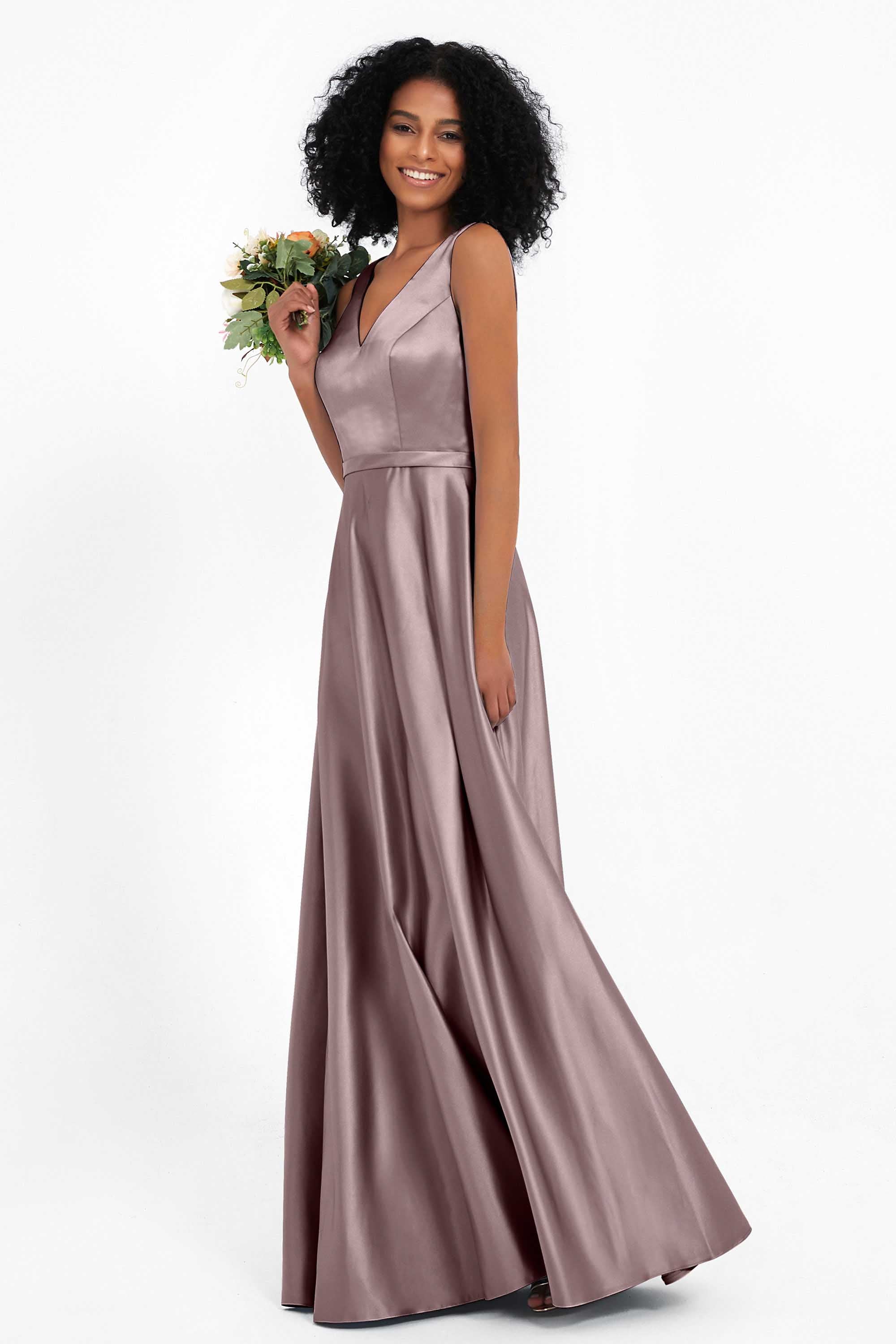 A Line Satin V Neckline Bridesmaid Dress Ruched Formal Evening Prom Dresses Gowns