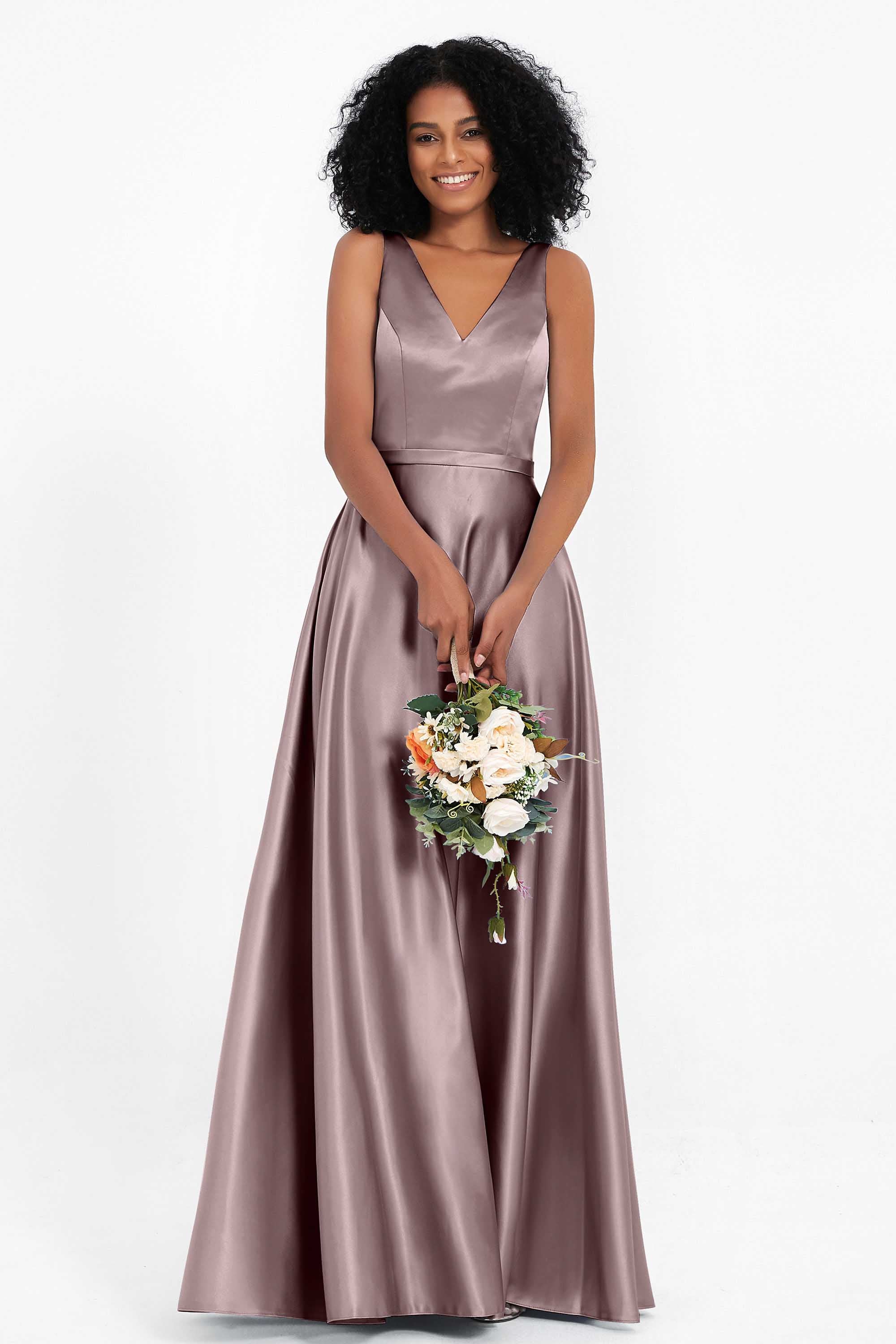 A Line Satin V Neckline Bridesmaid Dress Ruched Formal Evening Prom Dresses Gowns