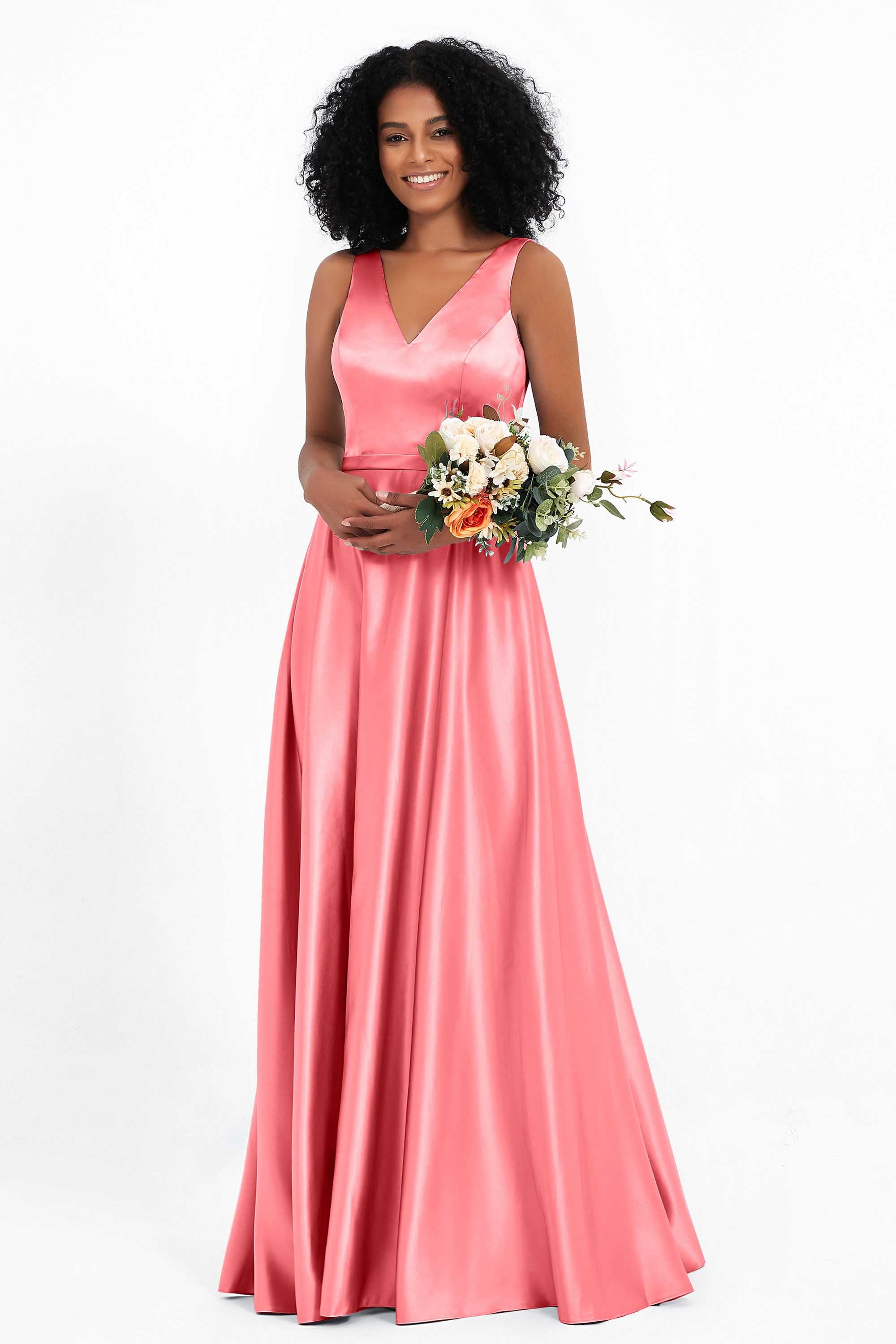 A Line Satin V Neckline Bridesmaid Dress Ruched Formal Evening Prom Dresses Gowns