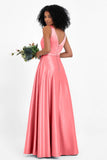 A Line Satin V Neckline Bridesmaid Dress Ruched Formal Evening Prom Dresses Gowns