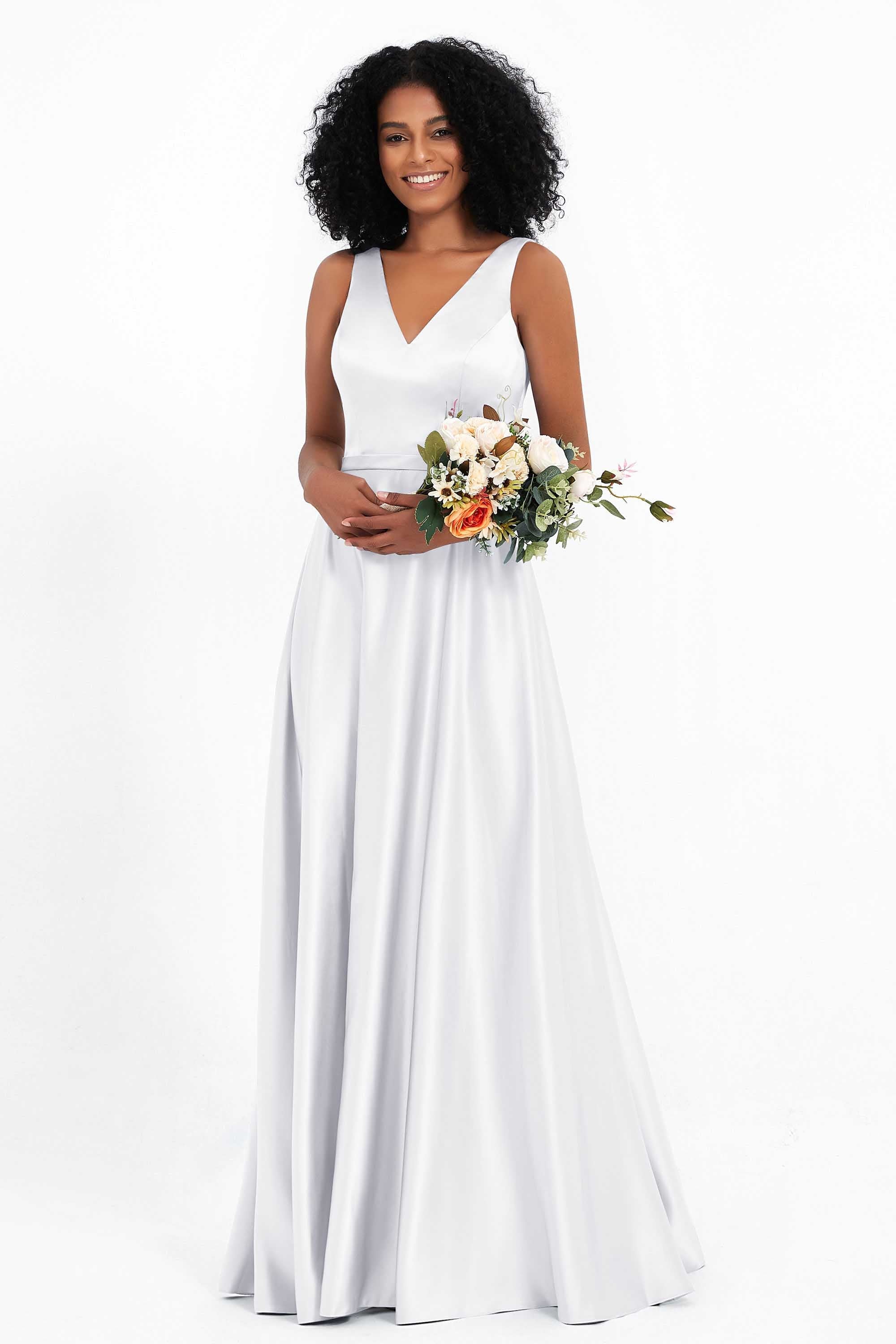 A Line Satin V Neckline Bridesmaid Dress Ruched Formal Evening Prom Dresses Gowns