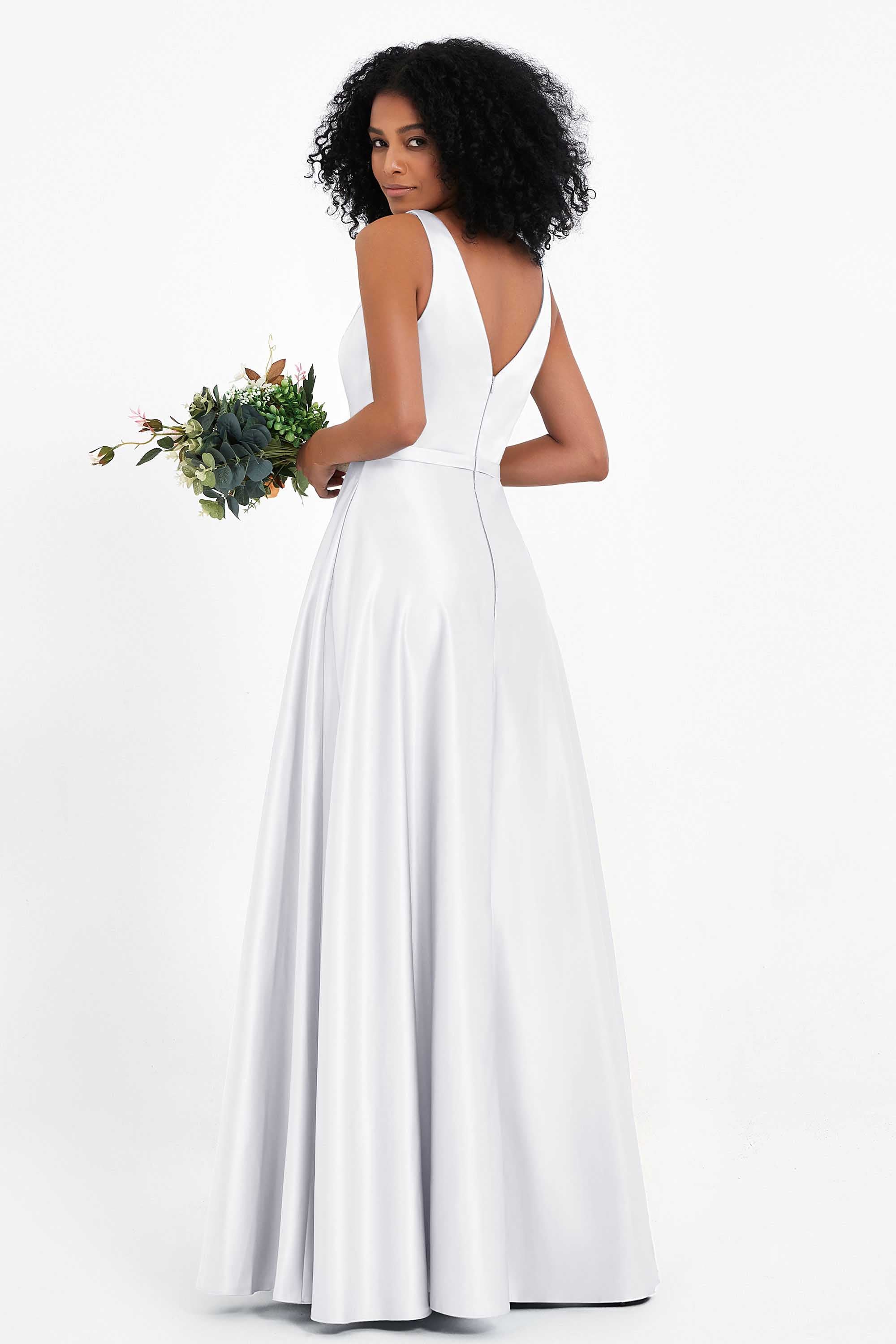 A Line Satin V Neckline Bridesmaid Dress Ruched Formal Evening Prom Dresses Gowns