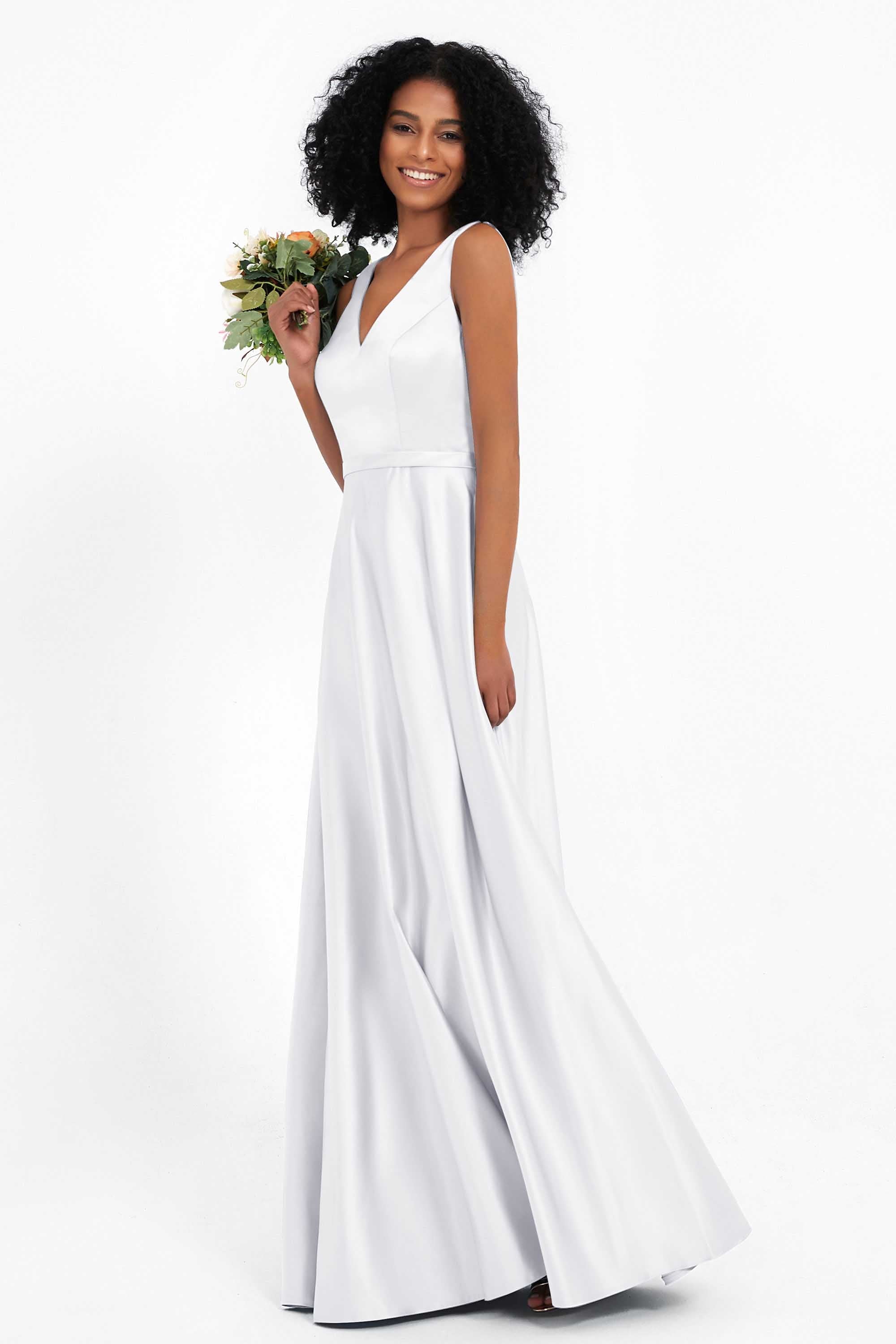 A Line Satin V Neckline Bridesmaid Dress Ruched Formal Evening Prom Dresses Gowns