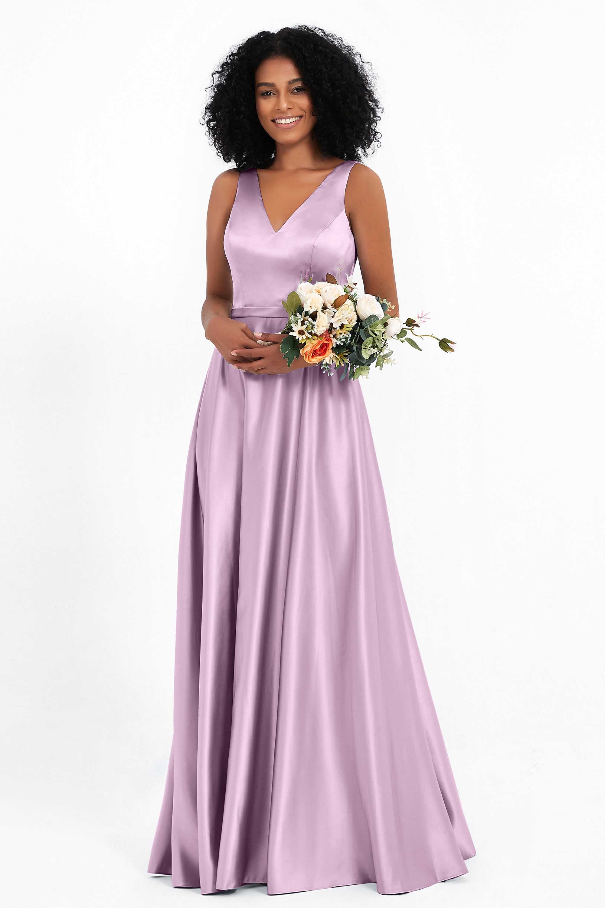 A Line Satin V Neckline Bridesmaid Dress Ruched Formal Evening Prom Dresses Gowns
