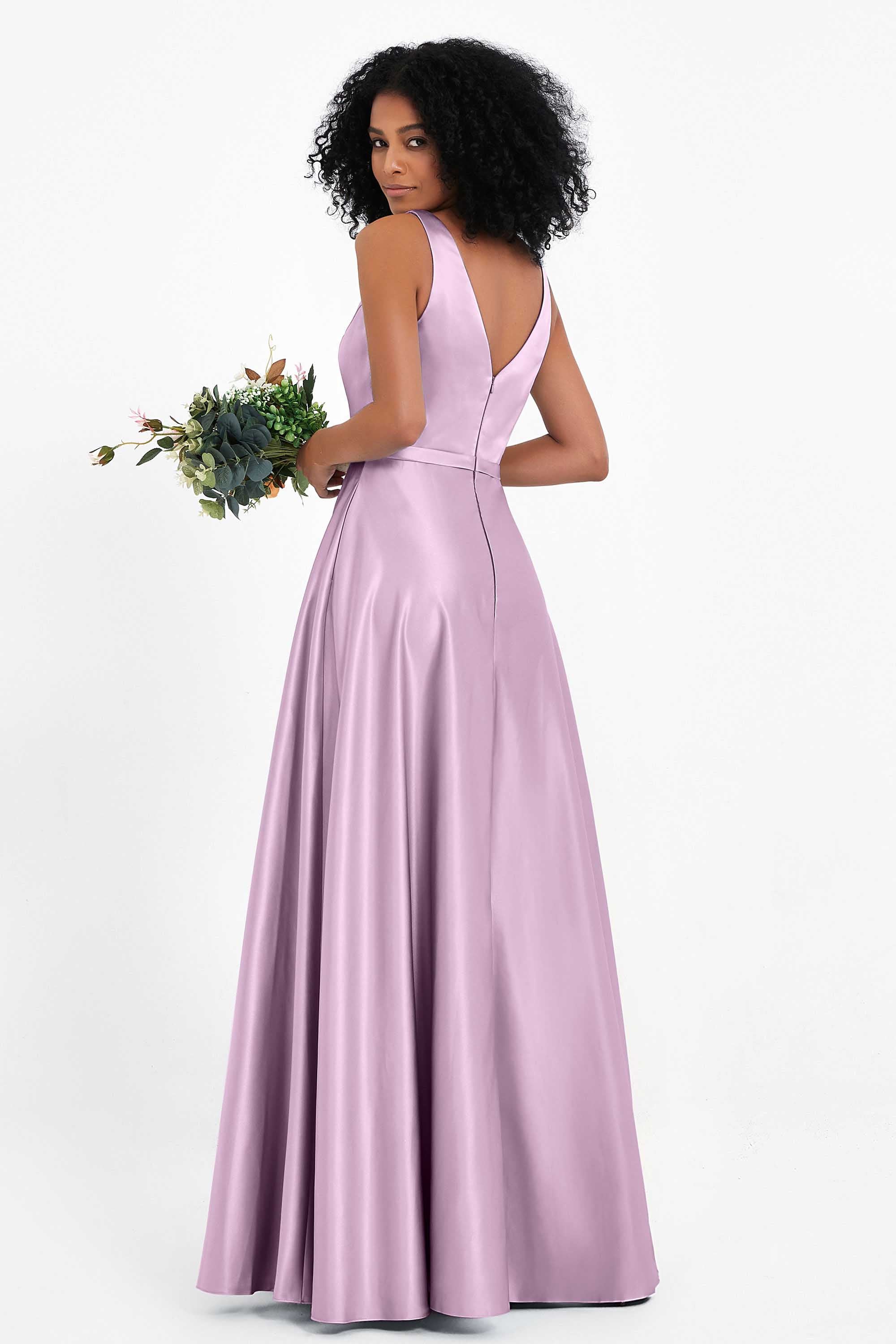 A Line Satin V Neckline Bridesmaid Dress Ruched Formal Evening Prom Dresses Gowns
