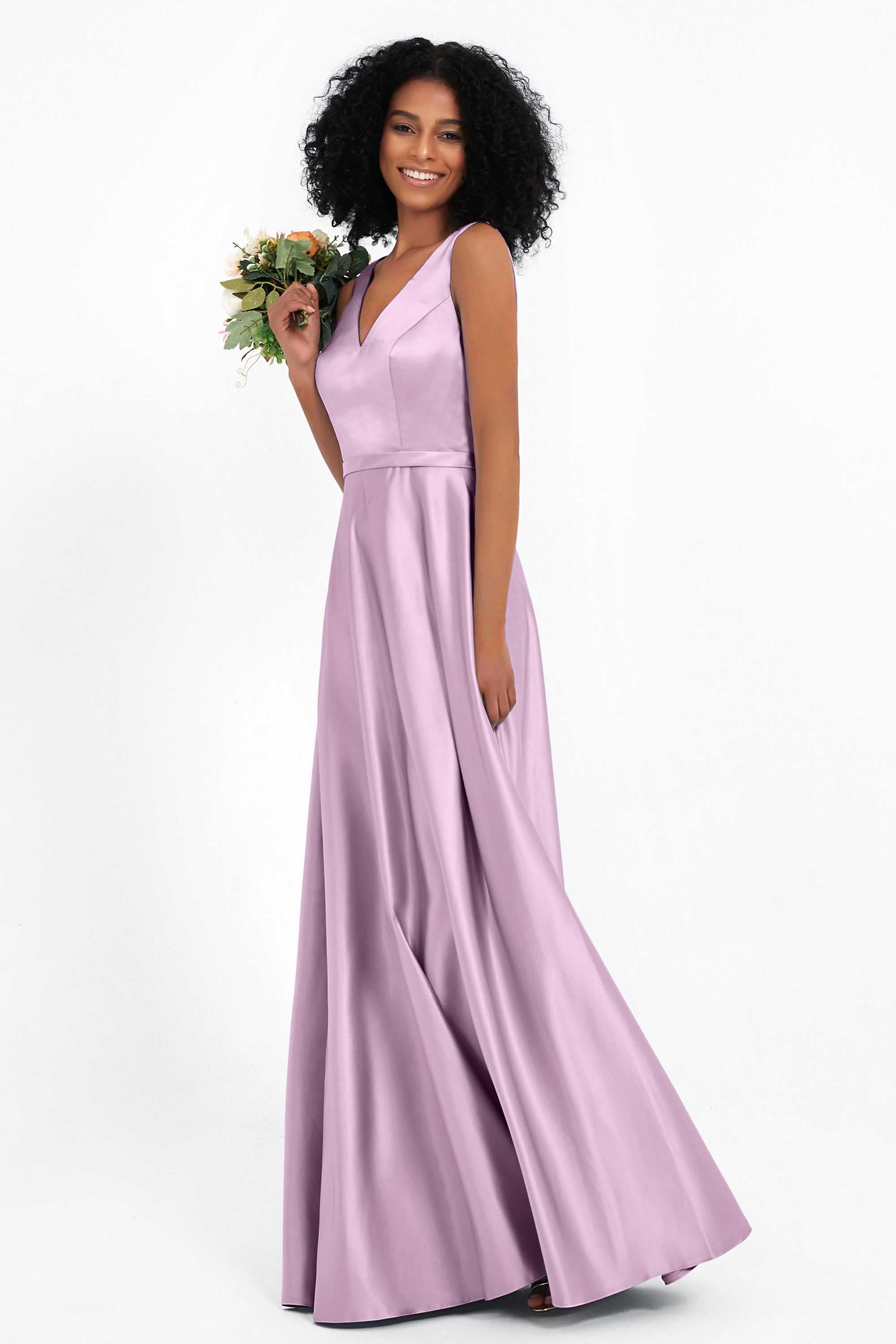 A Line Satin V Neckline Bridesmaid Dress Ruched Formal Evening Prom Dresses Gowns