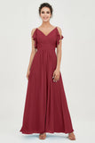 Women's Chiffon Bridesmaid Dresses Ruched Formal Evening Party Gowns Ankle Length