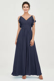 Women's Chiffon Bridesmaid Dresses Ruched Formal Evening Party Gowns Ankle Length