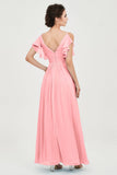 Women's Chiffon Bridesmaid Dresses Ruched Formal Evening Party Gowns Ankle Length