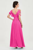 Women's Chiffon Bridesmaid Dresses Ruched Formal Evening Party Gowns Ankle Length