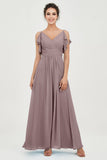 Women's Chiffon Bridesmaid Dresses Ruched Formal Evening Party Gowns Ankle Length