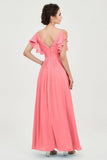 Women's Chiffon Bridesmaid Dresses Ruched Formal Evening Party Gowns Ankle Length