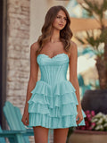 Yellow - A-Line Sweetheart Corset Ruffle Homecoming Dress With Applique
