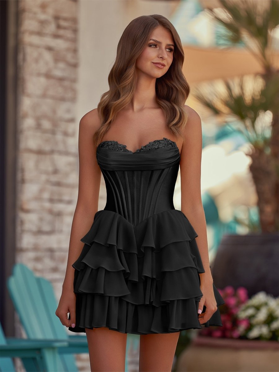 Yellow - A-Line Sweetheart Corset Ruffle Homecoming Dress With Applique