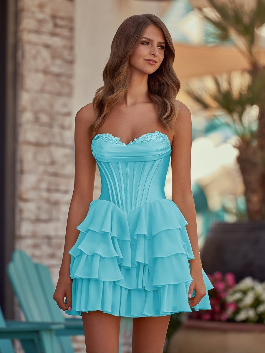 Yellow - A-Line Sweetheart Corset Ruffle Homecoming Dress With Applique