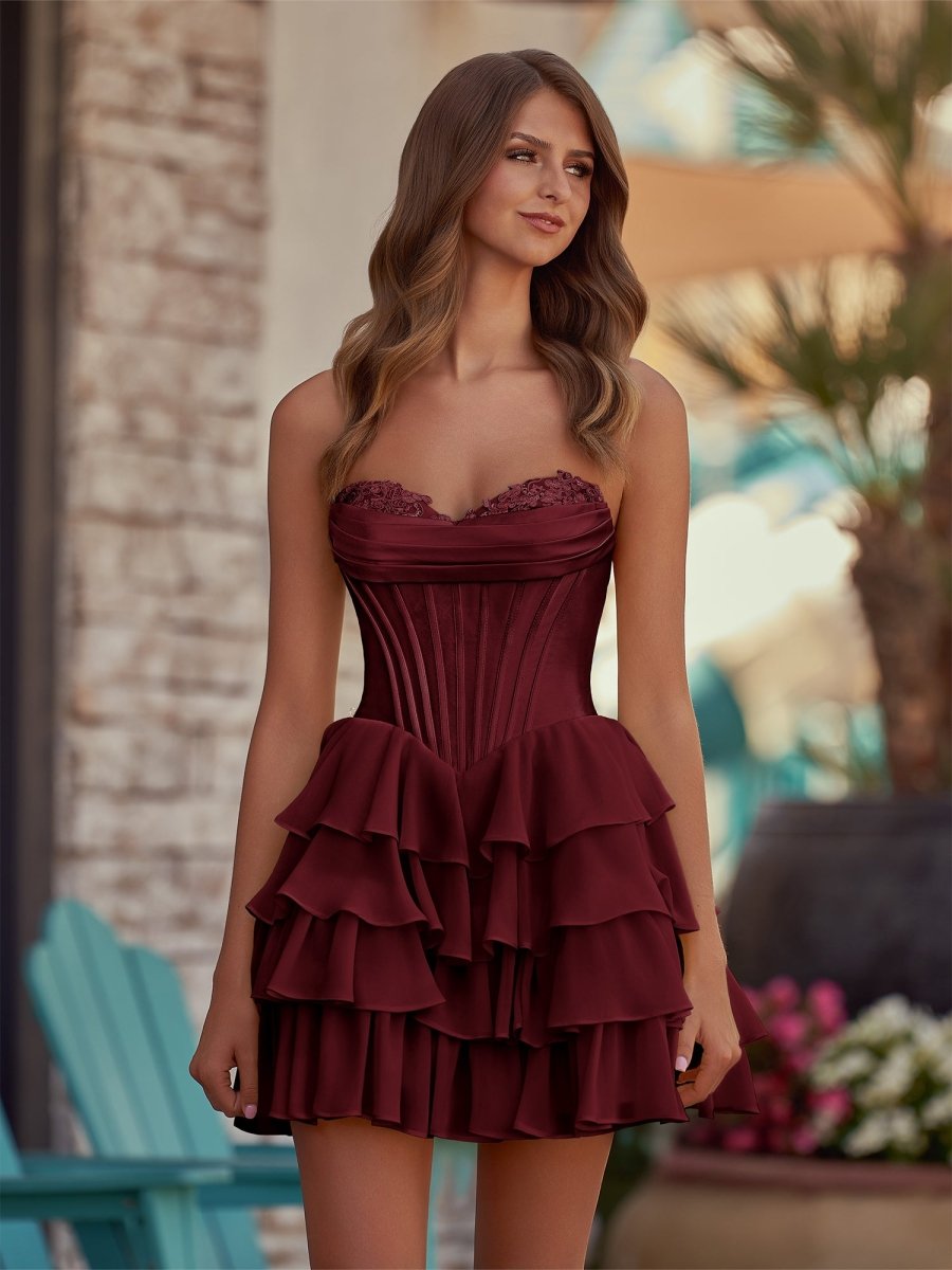 Yellow - A-Line Sweetheart Corset Ruffle Homecoming Dress With Applique