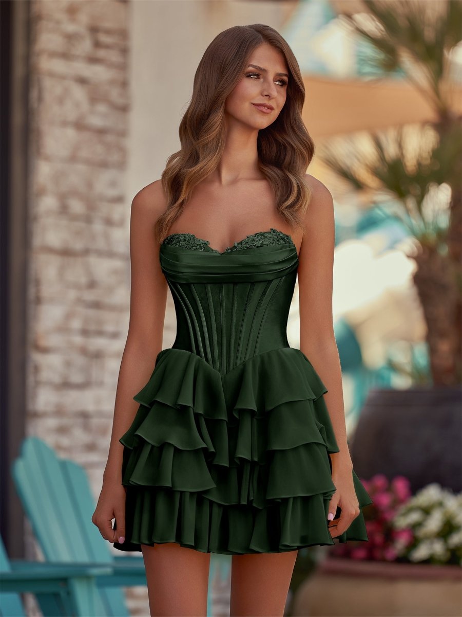 Yellow - A-Line Sweetheart Corset Ruffle Homecoming Dress With Applique