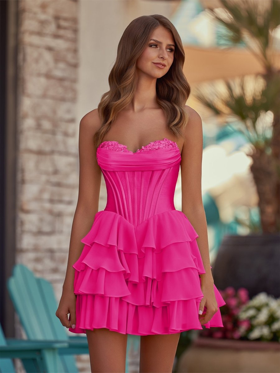 Yellow - A-Line Sweetheart Corset Ruffle Homecoming Dress With Applique
