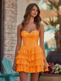 Yellow - A-Line Sweetheart Corset Ruffle Homecoming Dress With Applique