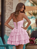 Yellow - A-Line Sweetheart Corset Ruffle Homecoming Dress With Applique