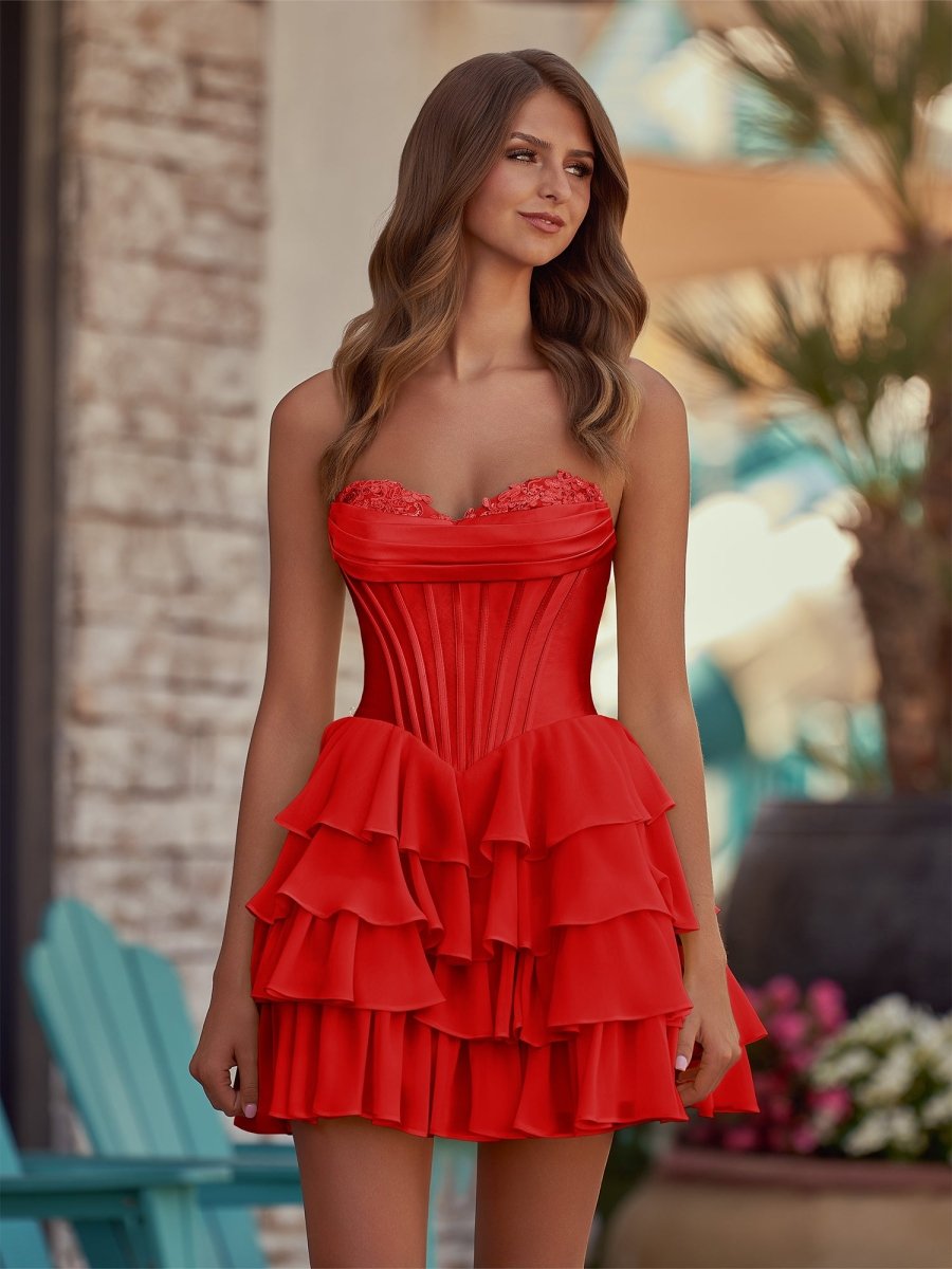 Yellow - A-Line Sweetheart Corset Ruffle Homecoming Dress With Applique