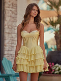 Yellow - A-Line Sweetheart Corset Ruffle Homecoming Dress With Applique