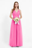romantic maxi bridesmaid dress features a V neckline empire waist pleated formal evening dresses