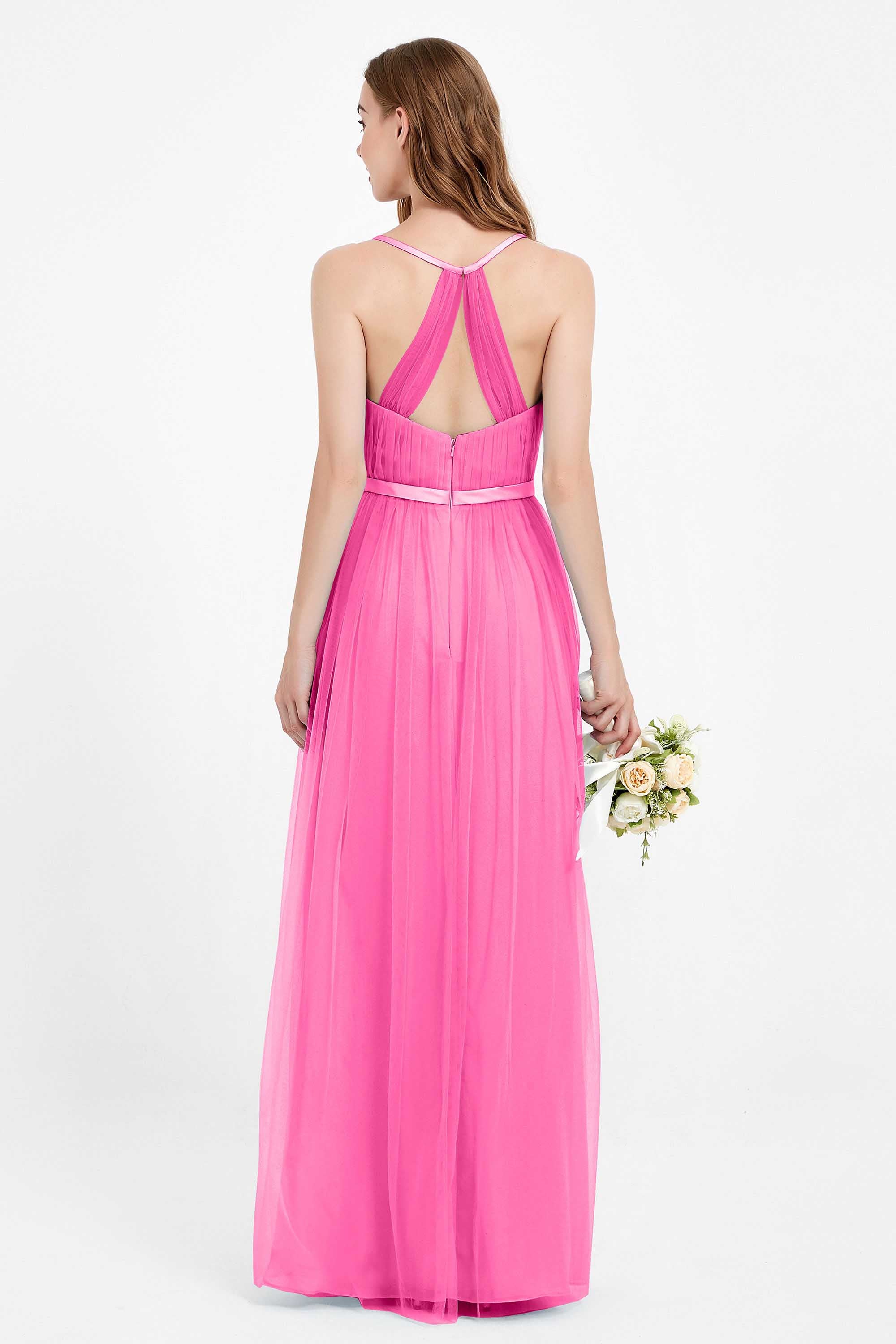 romantic maxi bridesmaid dress features a V neckline empire waist pleated formal evening dresses