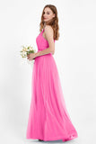 romantic maxi bridesmaid dress features a V neckline empire waist pleated formal evening dresses