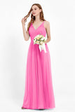 romantic maxi bridesmaid dress features a V neckline empire waist pleated formal evening dresses