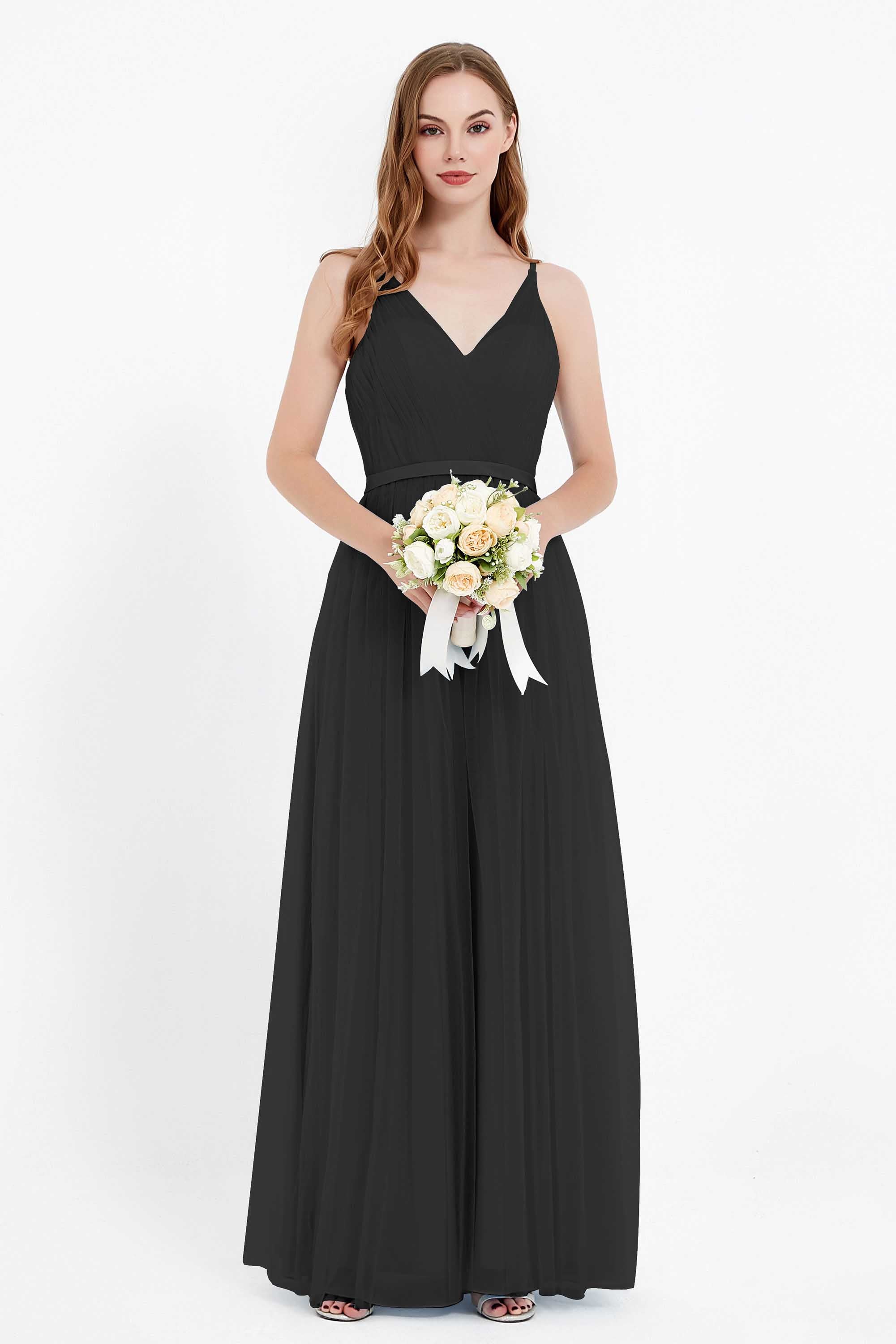 romantic maxi bridesmaid dress features a V neckline empire waist pleated formal evening dresses
