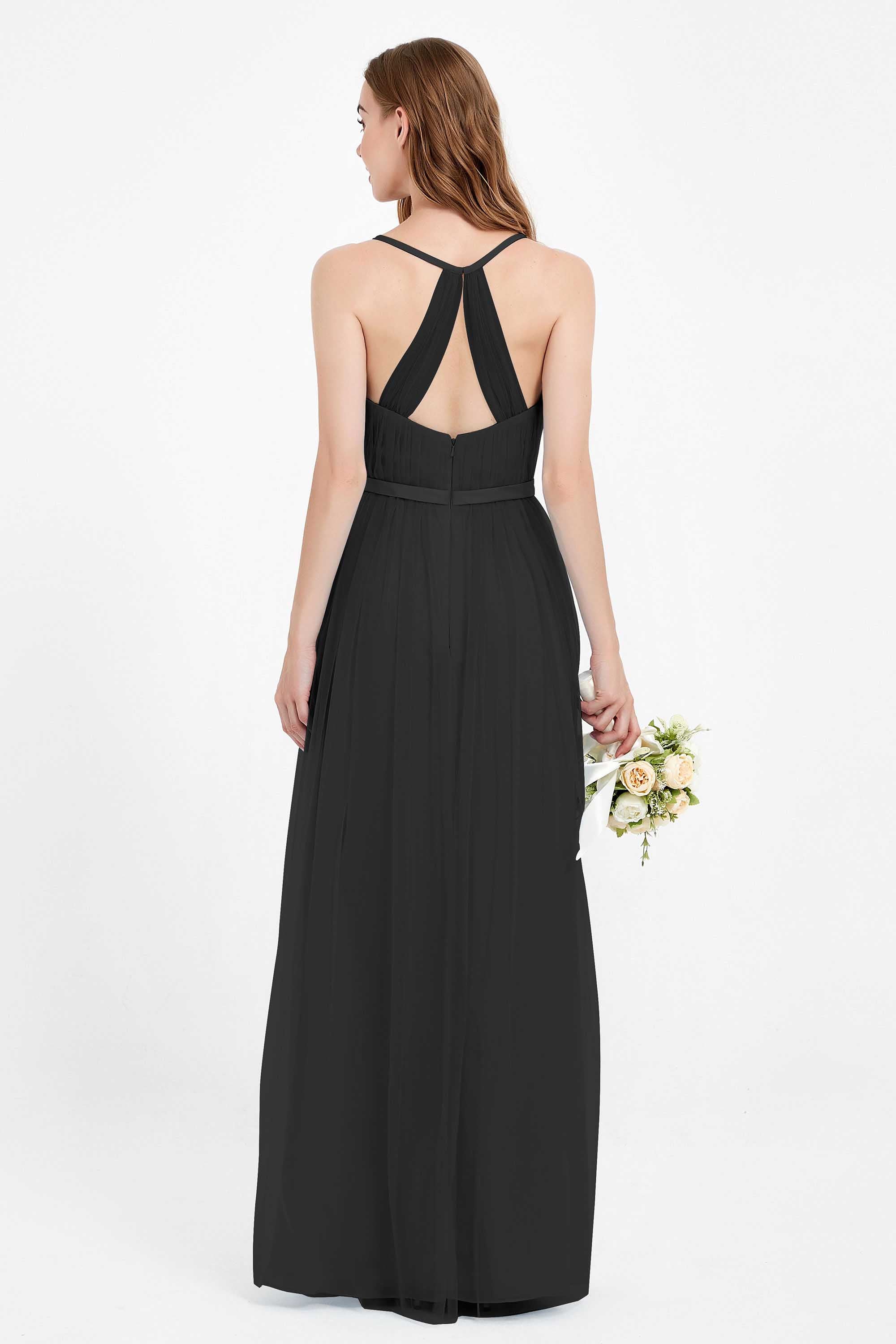 romantic maxi bridesmaid dress features a V neckline empire waist pleated formal evening dresses