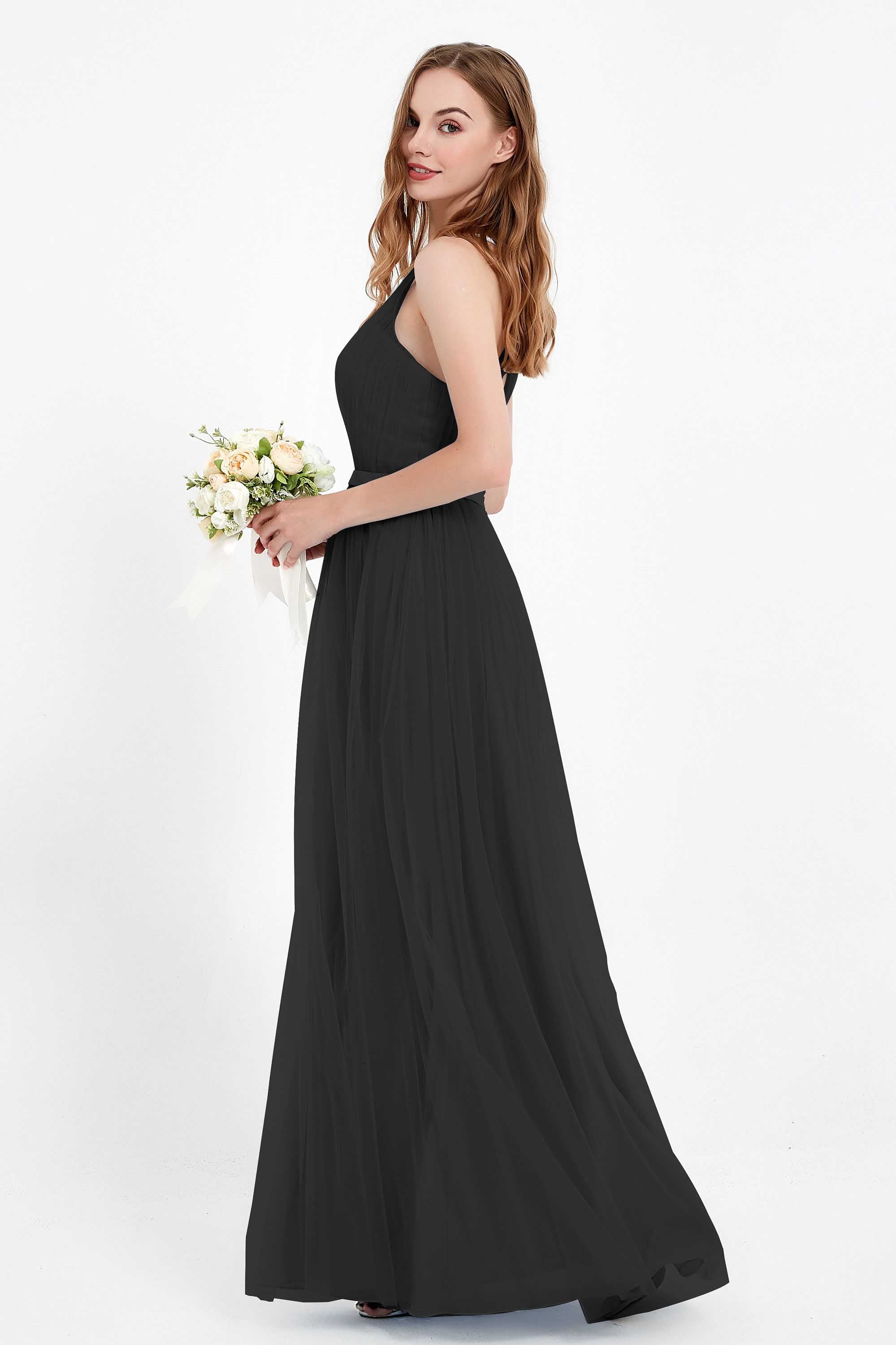 romantic maxi bridesmaid dress features a V neckline empire waist pleated formal evening dresses