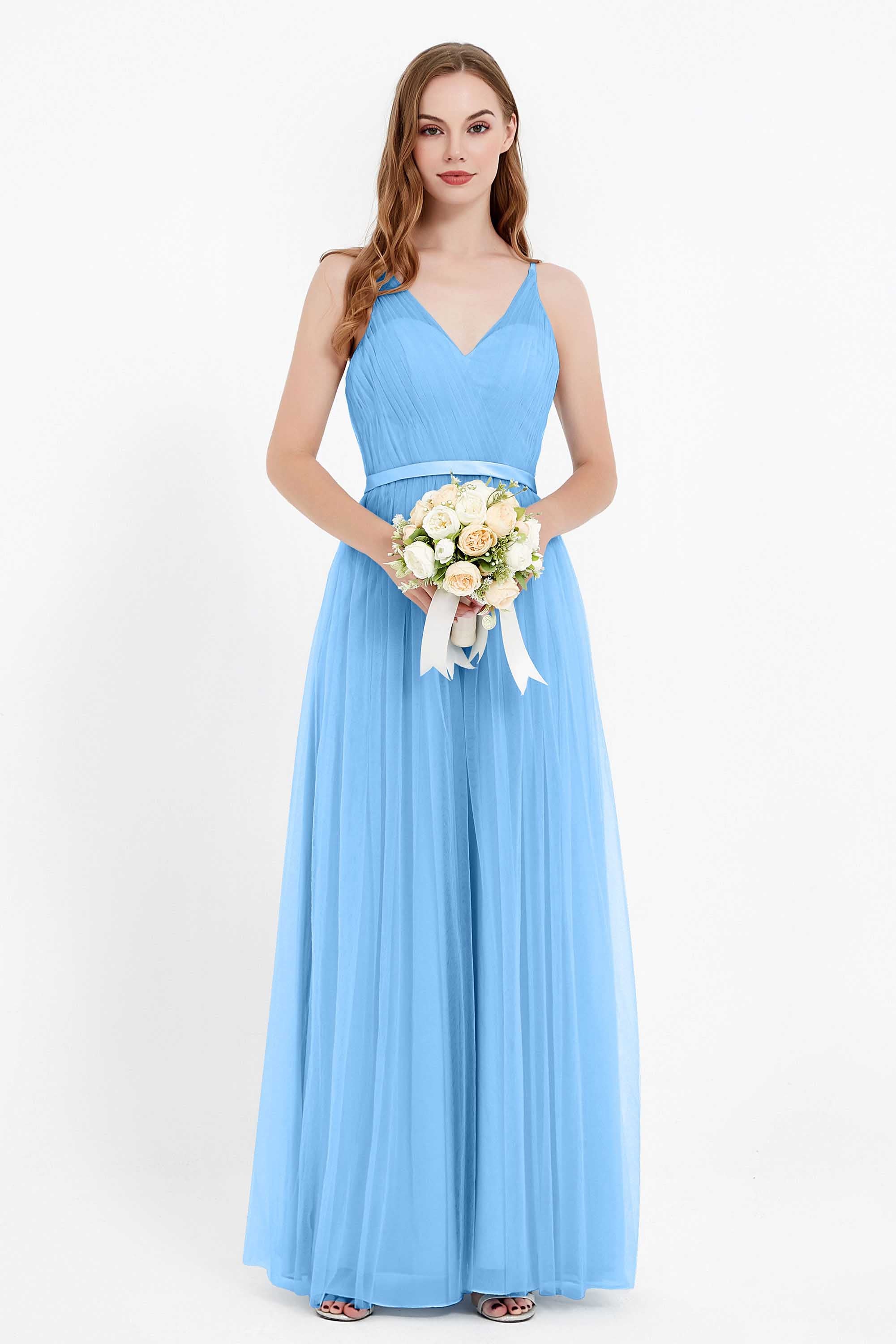 romantic maxi bridesmaid dress features a V neckline empire waist pleated formal evening dresses