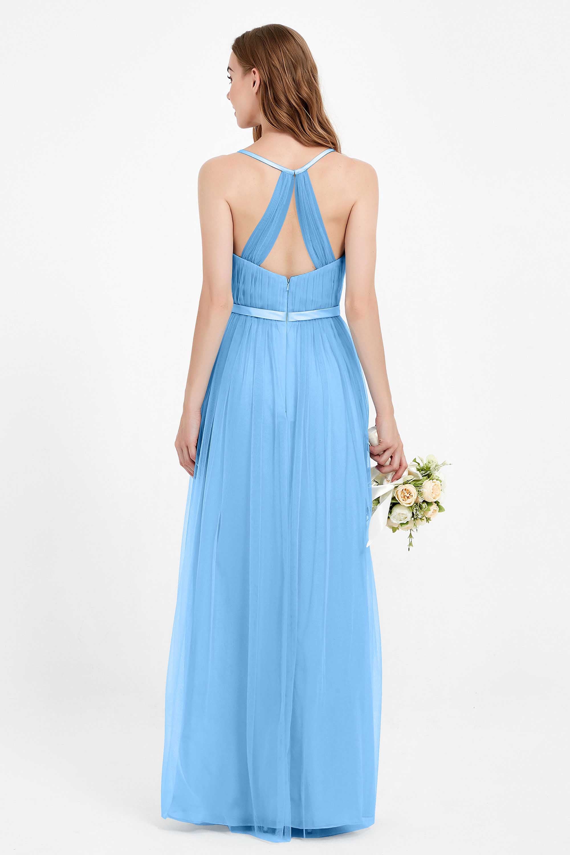 romantic maxi bridesmaid dress features a V neckline empire waist pleated formal evening dresses