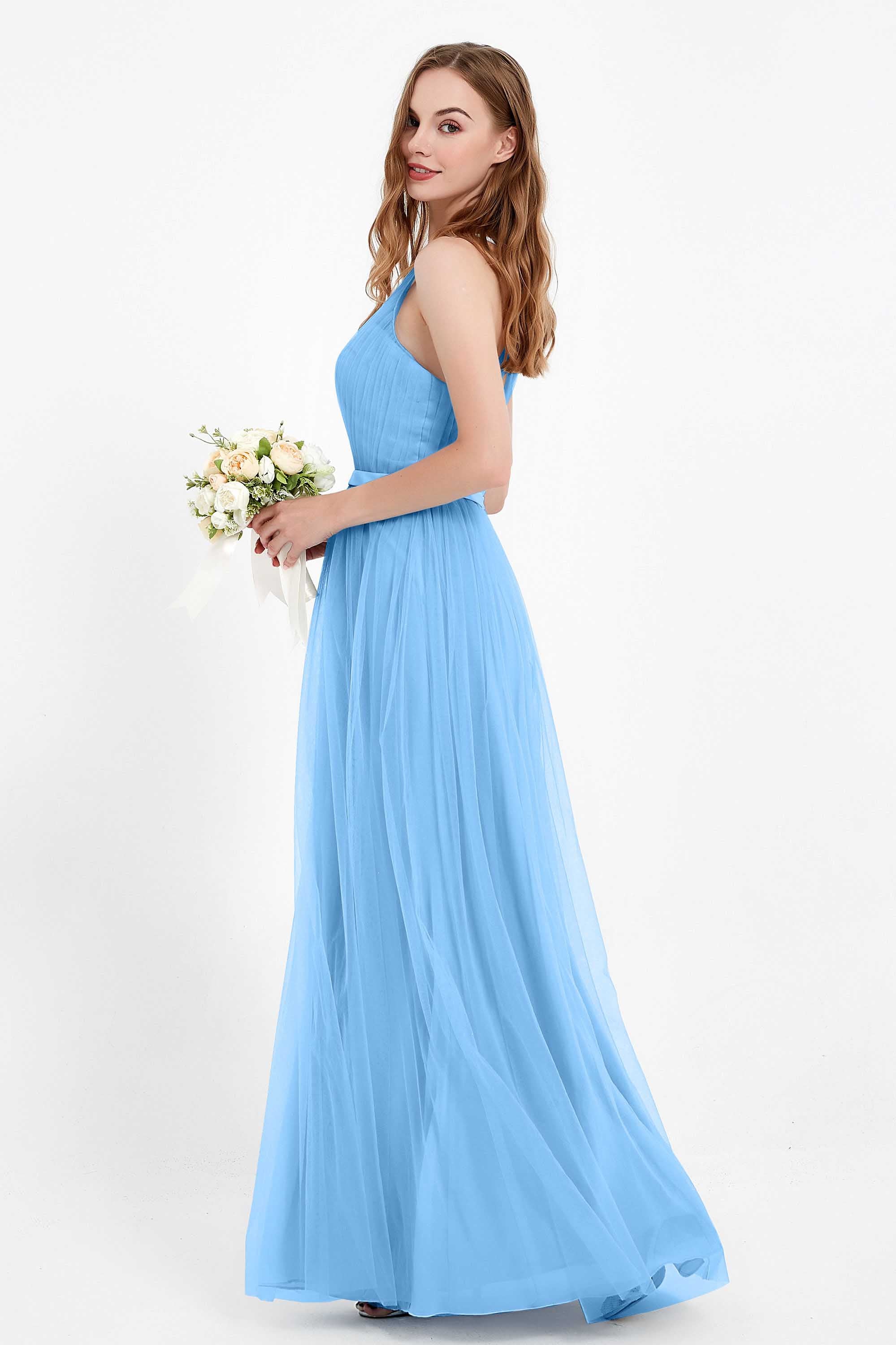 romantic maxi bridesmaid dress features a V neckline empire waist pleated formal evening dresses
