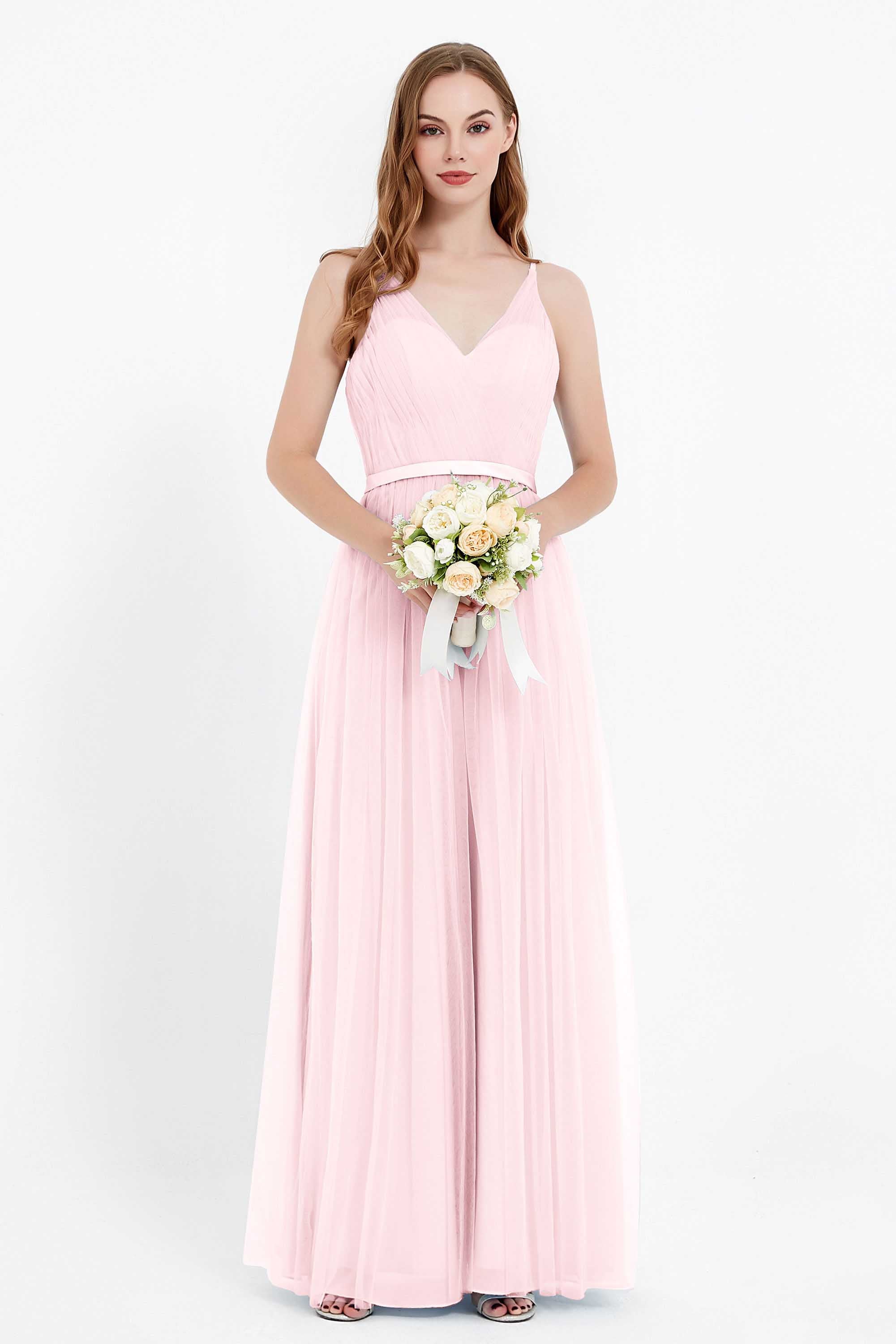 romantic maxi bridesmaid dress features a V neckline empire waist pleated formal evening dresses