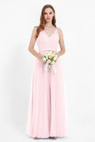 romantic maxi bridesmaid dress features a V neckline empire waist pleated formal evening dresses