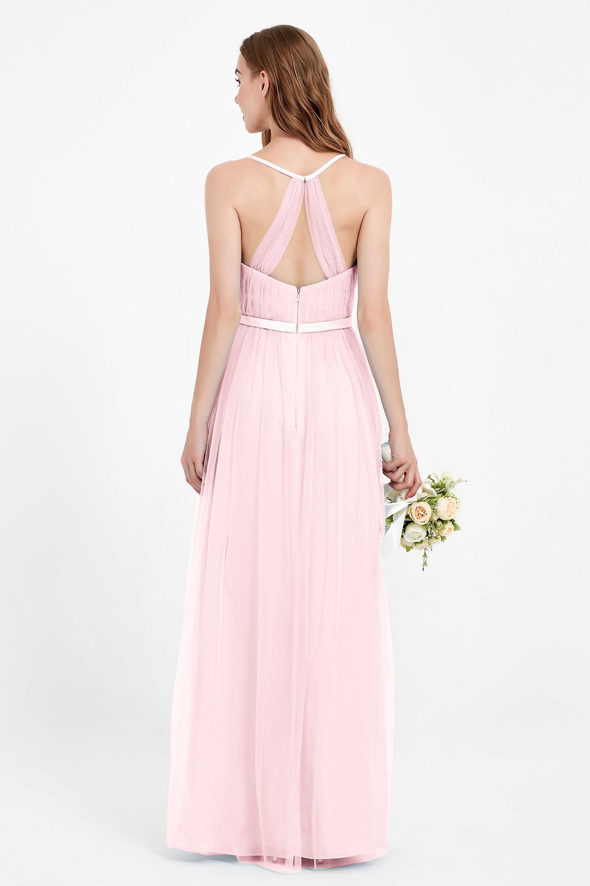 romantic maxi bridesmaid dress features a V neckline empire waist pleated formal evening dresses